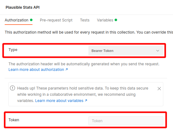 Select the Bearer Token type for authorization