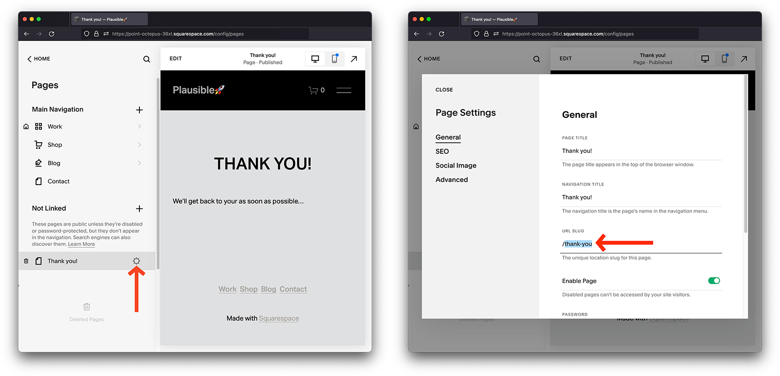 Squarespace form submission thank you page path