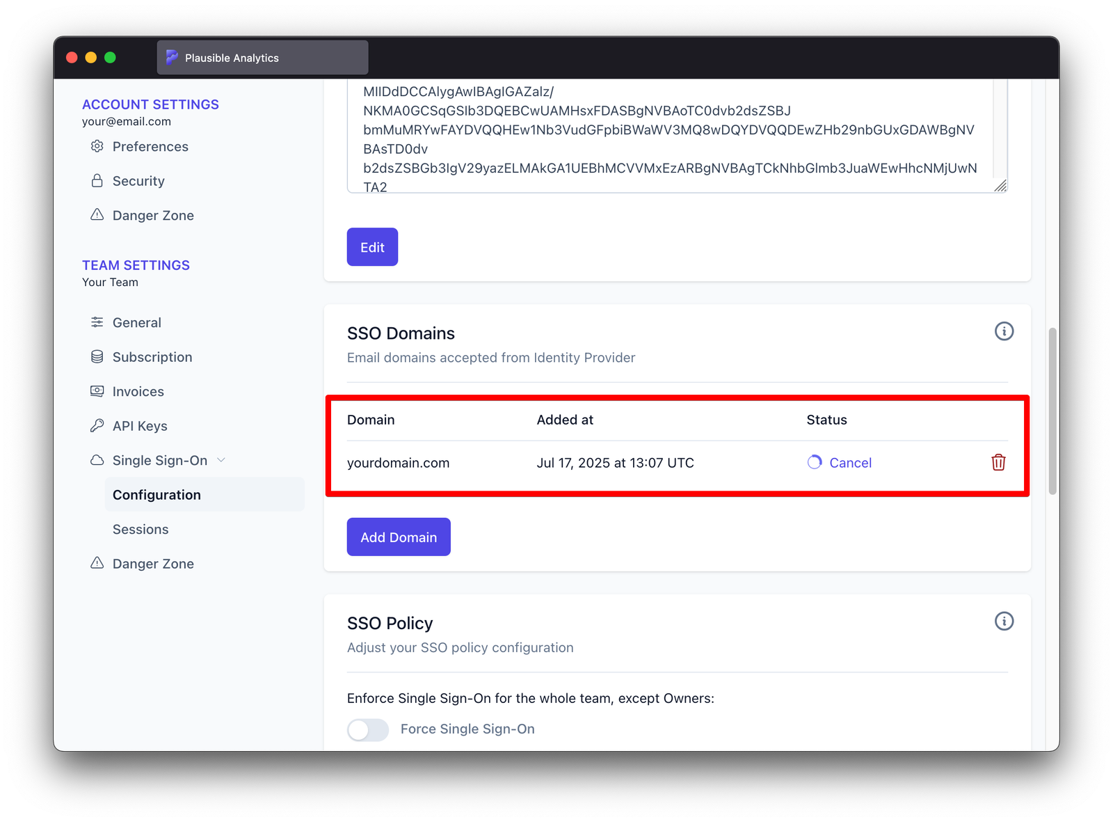 Pending SSO domain